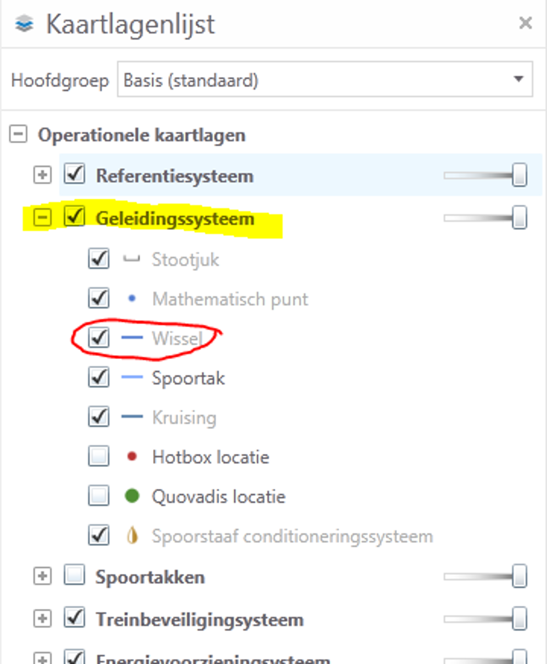 Screenshot van het kaartlagen menu in RailMaps