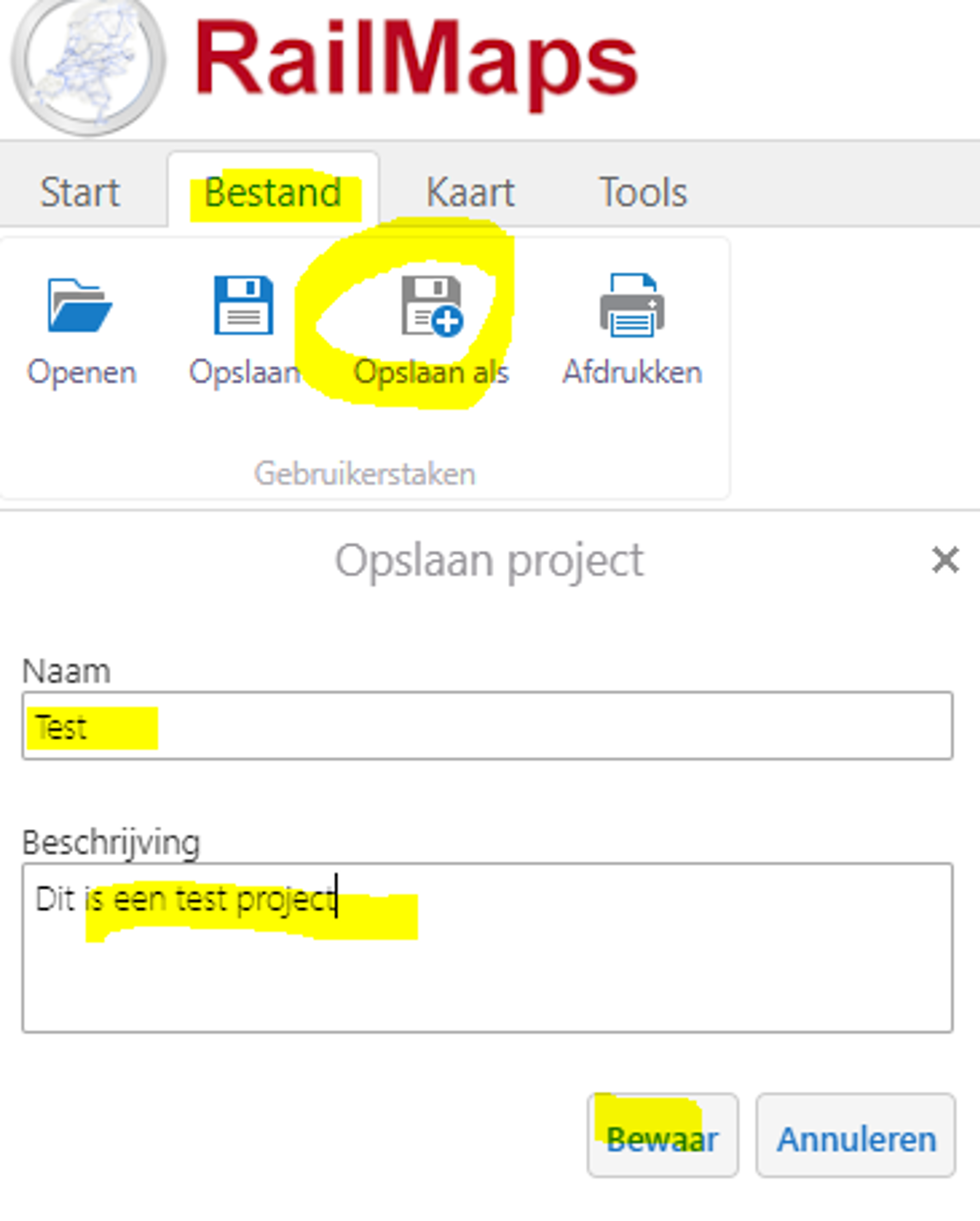 Screenshot van het tools menu van RailMaps